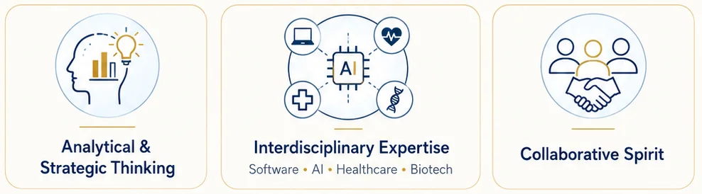 Three strengths highlighted by the collaborator: analytical and strategic thinking, interdisciplinary expertise across software, AI, healthcare, and biotech, and collaborative spirit.